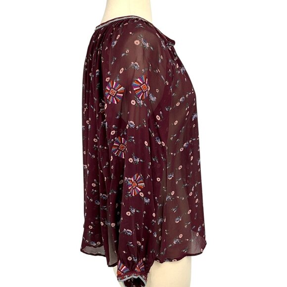 Ulla Johnson Lida Blouse Top Maroon Floral Silk Chiffon V-Neck Size 2 S Sheer - Picture 9 of 14